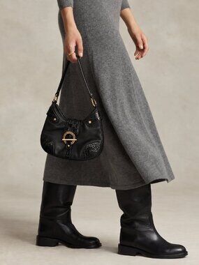Lauren Ralph Lauren Black Leather Croc Shoulder Bag